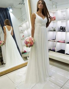 Beach Vestido De Noiva 2020 Beads Sash Plus Size Wedding Dresses Sexy Deep V-neck Chiffon Beaded Boho Wedding Gown Bridal Dresses