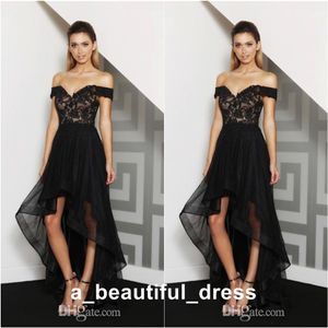 Preto Off-Shoulder Dresses Prom Lace Applique Alta Parte Baixa árabe vestido Kaftan Dubai Organza Formal Evening vestidos ED1265