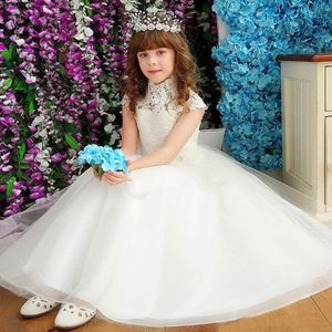 Yüksek Boyun Büyük Yay Dantel Çiçek Kız Elbise Cap Sleeve Uzun Balo Toddler Örgün Giyim Parti Doğum Günü Elbise Için Özel Boyut