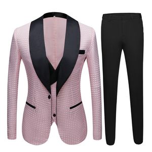 Son Pantolon Ceket Tasarımları 2020 Şal Yaka Damat Parti Smokin Pembe Noktalar 3 Parça Erkekler Için Takım Elbise Özel Yapılmış Düğün Erkek Takım Elbise Setleri