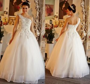 One Shoulder Wedding Dresses Lace up Back Floor Length Appliques Beads Garden Bridal Gowns vestidos de novia