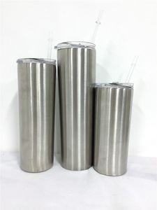 FedEx / DHL 15oz 20 oz 30oz Gümüş Sıska Tumblers Paslanmaz Çelik Su Şişesi Çift Duvar Yalıtımlı Vakum Kahve Kupa Araba Bardakları Klasik Taşınabilir Termos Ile Kapak Saman