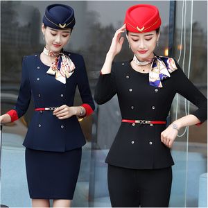 Primavera outono profissional feminino terno aeromoça vestido feminino uniforme de trabalho chapéu jaqueta calças cosmetologista salão de beleza roupas de trabalho