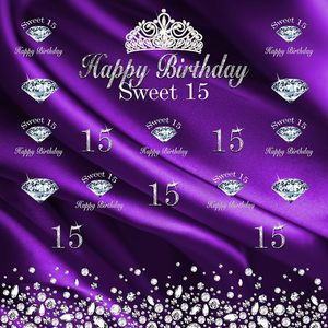 Özelleştirilmiş Metin Tatlı 15 Zemin Mor Ipek Saten Baskılı Diamonds Taç Prenses Kız Doğum Günü Partisi Photo Booth Arkaplan
