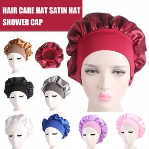 58cm Solid Color Long Hair Care Women Satin Bonnet Cap Night Sleep Hat Silk Head Wrap Adjust Shower Caps