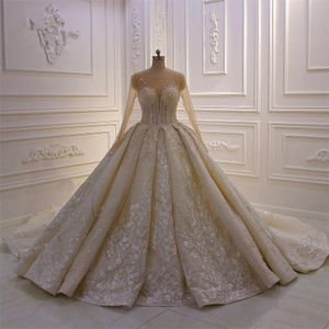 Luxury Ball Gown Wedding Dresses Long Sleeve Jewel Neck Beads Appliques Lace Arabic Wedding Bridal Gowns Crystal Vestidos De Novia