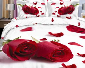 İyi Quailty 100 Pamuk 3D Gül Beyaz Yatak Seti Yağ Baskı Çiçek Nevresim Düz Levha Yastıklar / İkiz Tam Kraliçe Kral Boyutu