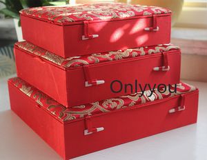 Квадратная роскошная мягкая китайская большая древесина ювелирные изделия коробка красного тарелки блюдо хранения коробка свадьба на день рождения подарок шелковая ткань коллекция коробка украшения
