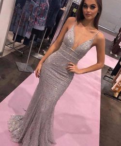 2019 Sexy Spaghetti Mermaid Prom Evening Dress Long Formal Sparkly Backless Party Gown Deep V Neck Pageant Dresses BC1593
