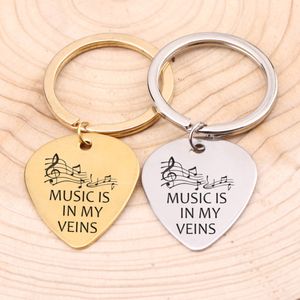 Music Lover Guitar Pick Keychain Hand Carved Music Is In My Veins Note Gift For Girls Boyfriend Friend Birthday Jewelry