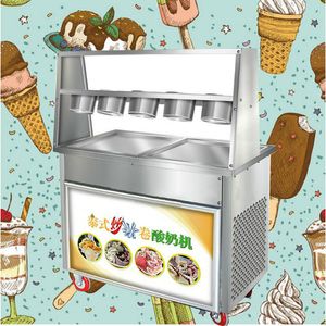 Ticari kızarmış buz makinesi 220V masaüstü disk kızarmış dondurma makinesi paslanmaz çelik buz yoğurt rulo iki tencere ve beş kase