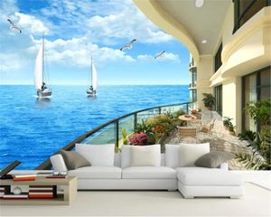3D Home Wallpaper Парусник Вид на море Курорт Балкон Гостиная Спальня Телевизор Фон Настенные Обои