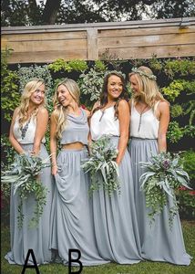 Ucuz Uzun Iki Parçalı Gelinlik Modelleri Şifon Spagetti Sapanlar Kolsuz Pleats Kat Uzunluk Hizmetçi Onur Elbise Düğün Parti Törenlerinde