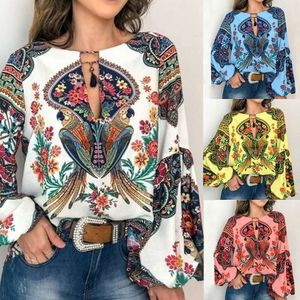 blusa para as mulheres trabalhar ocasional Floral V-Long Neck luva Lantern Oversize Blusa Camiseta Tops blusas S a 3XL para mulheres Plus Size