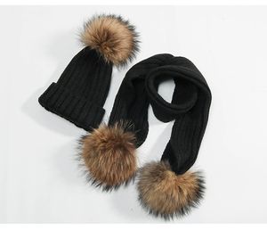 Мода и шарф наборы детей зима реальная меховая шляпа съемный сплошной бобовый лыжный шапок шарф комплект Xmas Party Hats JJ19916