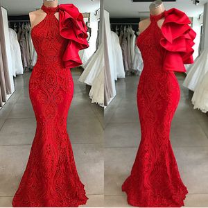 Halter Kırmızı Mermaid Parti Elbiseler Seksi Kolsuz Aplike Boncuklu Abiye Fırfır Ucuz Sweep Tren Custom Made Parti Kıyafeti Sıcak Satmak
