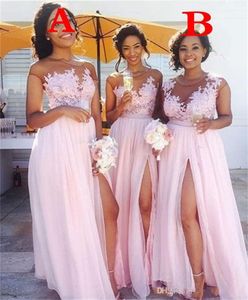 2019 Ülke Siyah Kız Bir Çizgi Nedime Elbiseler Uzun Mücevher Boyun Dantel Aplikler Ucuz Şifon Yüksek Bölünmüş Kat Uzunluk Düğün Konuk Bowns