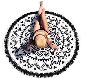 Yuvarlak Hippi Goblen Plaj Atma Roundie Mandala Havlu Yoga Minderi Bohemian Black Beach Yuvarlak Desen Havlu