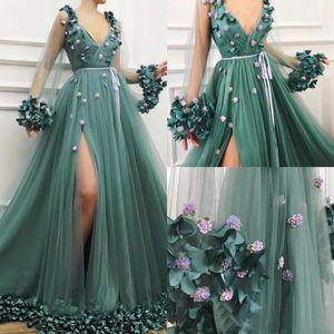 Hunter Green Boho Prom Elbiseler Seksi Derin V Boyun Uzun Kollu Uyluk D Çiçek Çiçekleri ile Yüksek Yarık