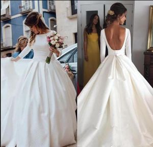 Basit Ucuz Gelinlik Bateau 2019 Yeni Moda Saten Bir Çizgi Uzun Kollu Backless Gelinlik Robe De Mariée Seksi Gelinlikler