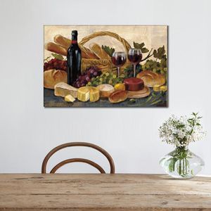 Цветочные картины Тосканский вечерний винный урожай Ручная роспись на холсте Натюрморт Хлеб и фрукты для декора столовой Высокое качество