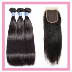 Brazilian Virgin Hair Silky Straight 3 Bundles With 4X4 Lace Closure Wholesale Baby Hair Closure Natural Color