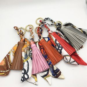 Women Luxury Keychains Scarf PU Leather Tassel Car Key Chain Ring Holder Fashion Pendant Bag Charm Keyring Jewelry Accessories for Girl Gift