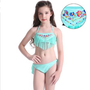 Girls' 2-Piece Embroidered Swimsuit Set with Tassels, Summer Fashion Swimming Costume, 2 Colors