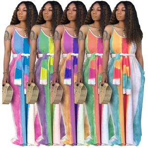Kadın Maxi Elbiseler Çizgili Straplez Uzun Etekler Sashes Gevşek Yaz Rahat Giyim Kolsuz Renkli sundress LJJA2623