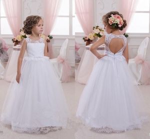 Yeni Ucuz Çiçek Kız Elbise Düğün İçin Jewel Boyun Dantel Aplikler Boncuklu Balo Hollow Geri Doğum Çocuk Kız Yarışması Abiye