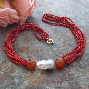 Ручная завязанная 5 -стрэндс красный коралловый сердечный карланский перерожденный ожерелье Кеши 50 см модные украшения