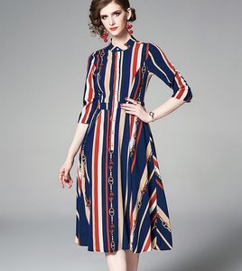 Высочайшее качество летних синих красных бежевых полосатых женщин платье воротник стойка Mid-Calf 3/4 рукав платья Runway