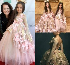 Muhteşem Pembe Kız Pageant Elbiseler 3D Çiçek Aplike Özel Uzun Kollu Toddler Çiçek Kız Elbise Dantel Tül İlk Communion Abiye