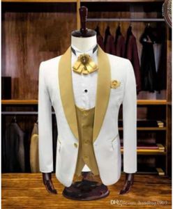 Yakışıklı Beyaz Damat smokin Mens Blazer Prom Parti Elbise İş Takımları Coat Yelek Pantolon Seti (Ceket + Pantolon + Vest + Tie) K209