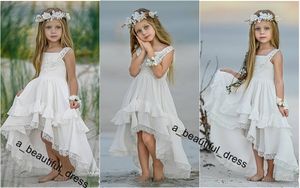 Bohem Yüksek Düşük Çiçek Kız Elbise Plaj Düğün Pageant Abiye A Line Boho Dantel Aplike Çocuklar İlk Komünyon Elbise FG1240