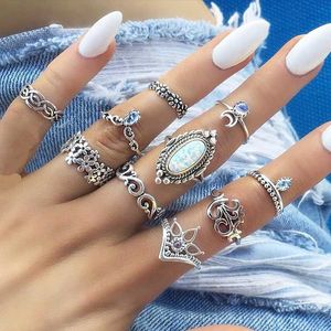 Opal küme yüzüğü antik gümüş çiçek ay taç eklem kombinasyon halkaları set kadın moda takı iradesi ve kumlu hediye
