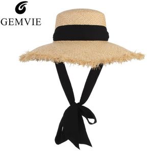 Gemvie El Yapımı Örgü Kadınlar Için Rafya Güneş Siyah Şerit Disket Ağız Büyük Alanlar Hasır Şapka Yaz Plaj Kap Fedora Yeni C19041701