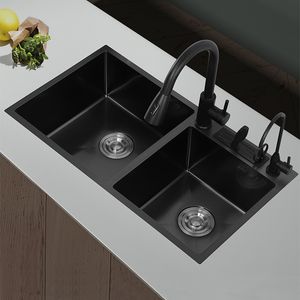 Évier de cuisine à deux cuves en acier inoxydable 304 avec porte-couteau encastré ou lavabo gris foncé avec accessoires de drainage