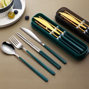 304 Stainless Steel Flatware Set Mirror Polish Portable Spoon Fork Knife Chopsticks Tableware Travel Kit with Storage Box