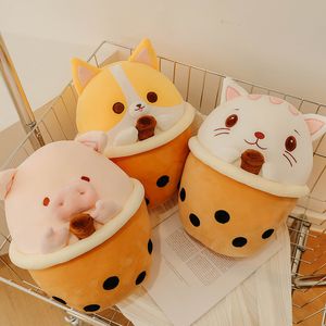 Peluche de cerdo de té de burbujas Kawaii de 30cm, Animal relleno, gato, perro, almohada, taza de té de la leche, Boba, muñeco de peluche, regalos de cumpleaños