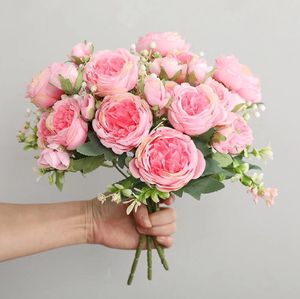 Ramo de flores artificiales de peonía de seda rosa de 30cm, 5 flores de cabeza grande para decoración de boda en casa, flores para interior
