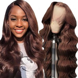 Perruque Lace Frontal Wig naturelle lisse, couleur marron chocolat #4, 30 pouces, 13x6 5x5 HD, Body Wave, Loose Deep Curly, pre-plucked