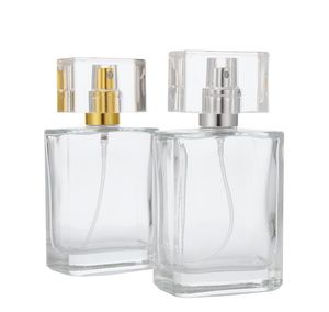 30ml 50ml Botellas de perfume de vidrio vacías Venta al por mayor Atomizador de aerosol cuadrado Botella recargable Estuche de aroma con tamaño de viaje SN2098