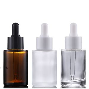 Botellas de perfume de aceite esencial de vidrio de 30 ml Botella de cuentagotas de pipeta de reactivo líquido Botella cilíndrica de hombro plano Transparente / Esmerilado / Ámbar RRD11012