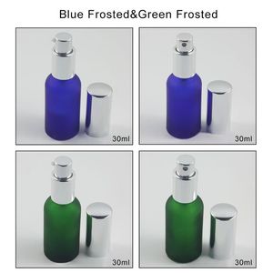 Bouteilles de stockage pots 30ml vert givré/bleu givré bouteille de verre de parfum rechargeable, 1oz argent Spray et pompe à Lotion