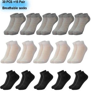 30 Uds = 15 pares de calcetines tobilleros transpirables informales de malla de Color sólido de estilo veraniego para hombre, venta al por mayor