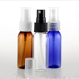 30 unids / lote ámbar PET botellas de perfume atomizador mini plástico transparente botella de 30 ml botella de spray de viaje E botella de líquido bomba azul VWVOP