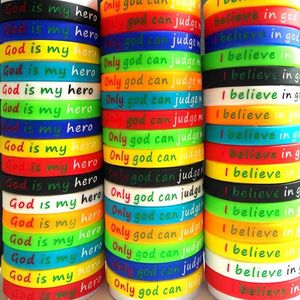 30 Uds. Pulseras de silicona deportivas de Jesús llenas de aceite multicolor, pulseras religiosas de Dios de goma suave, brazalete con tira para la muñeca, regalos