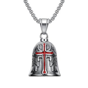 Collier pendentif cloche Vintage en acier inoxydable 316L, haute poli, Punk moto ailes d'ange nordique Viking Cross Ride porte-bonheur exorcisme bijoux pour hommes