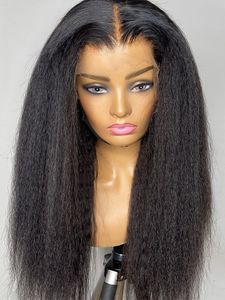 Perruque Lace Frontal Wig 360 Yaki brésilienne Remy, cheveux naturels crépus lisses, sans colle, 180%, 10-30 pouces